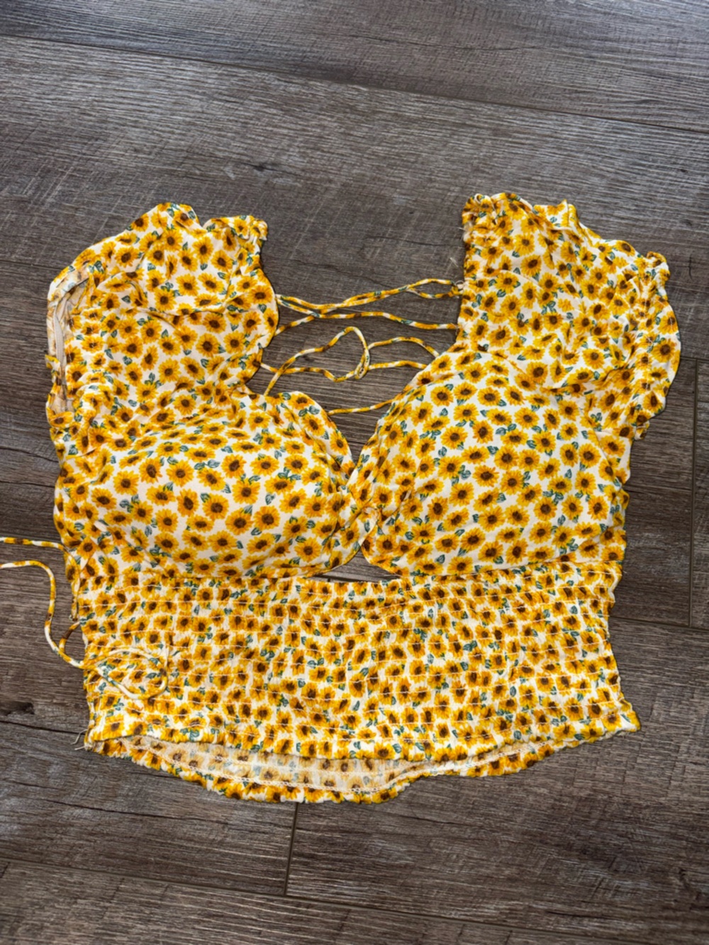 Sunflower Print Yellow Crop Top with Tie-Back